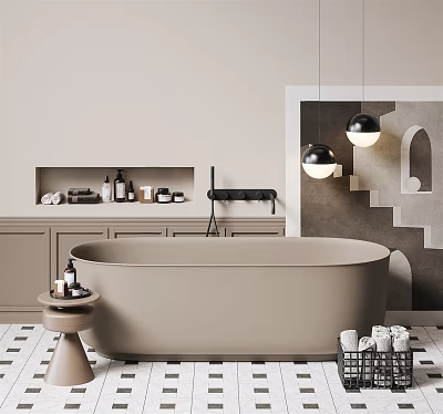 Modern Beige Bathtub Interior Design With Cabinets Wall Decor And Pendant Lights 3d model