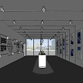 Modern Exhibition Hall with Wall Display Panels Linear Lighting and Central White Display Stand