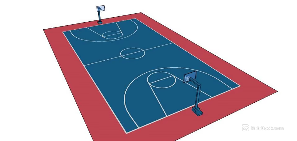 Basketball Court With Blue Surface Red Border White Markings And Hoops 3d model 
