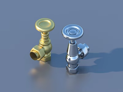 Two Golden And Silver Metal Faucets With Modern Design On Blue Background 3d model