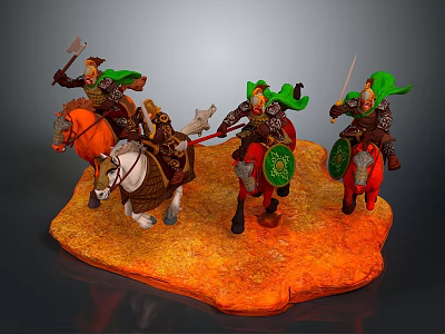 Game Movie Characters Knights With Green Headscarves Armor Weapons And Colored Horses On Orange Base 3d model