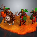 Game Movie Characters Knights With Green Headscarves Armor Weapons And Colored Horses On Orange Base