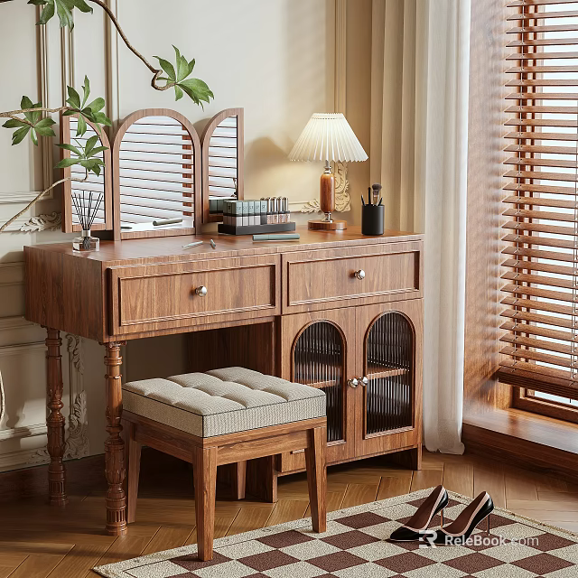 Classic Wooden Dressing Table With Shutter Mirror Desk Lamp Upholstered Stool And Arched Cabinets 3d model 