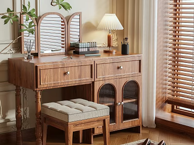 Classic Wooden Dressing Table With Shutter Mirror Desk Lamp Upholstered Stool And Arched Cabinets 3d model