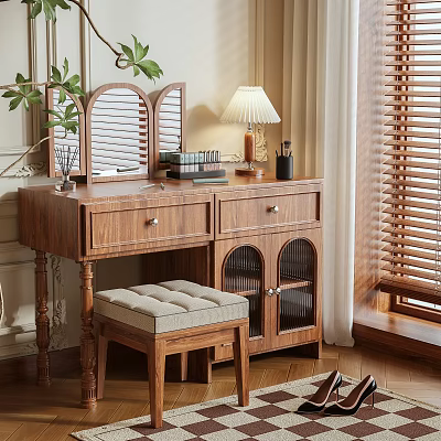Classic Wooden Dressing Table With Shutter Mirror Desk Lamp Upholstered Stool And Arched Cabinets 3d model