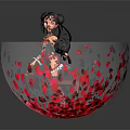 Game and Movie Character With Double Buns Blue Green Dress Red Rose Petals Black Accessory
