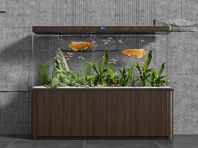 Modern Aquarium Fish Tank With Goldfish Aquatic Plants And Wooden Cabinet Base 3d model