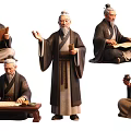 Ancient Chinese Scholars In Traditional Robes Reading Writing And Gesturing With Scrolls