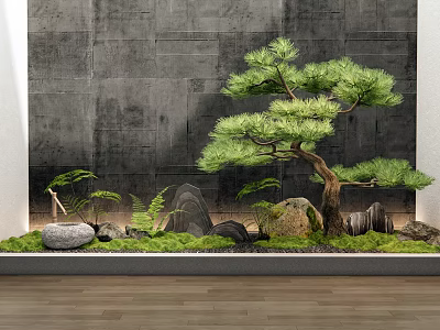 Indoor Landscape Design Featuring Gray Stone Wall Pine Tree Mossy Rocks Ferns on Wooden Floor 3d model
