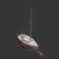 Red and White Yacht Parked On Trailer Featuring Masts Deck and Cabin