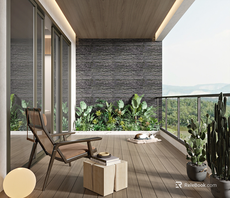Home Balcony Relaxing Space With Outdoor Chair Green Plants Wooden Floor And Mountain View 3d model 