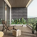 Home Balcony Relaxing Space With Outdoor Chair Green Plants Wooden Floor And Mountain View