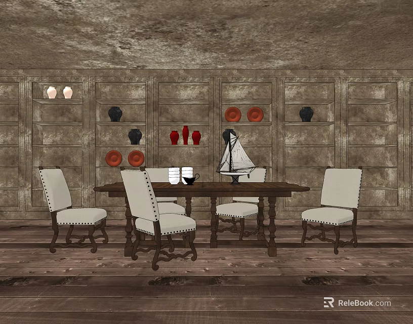 Rustic Dining Table Set With White Upholstered Chairs And Wall Decor On Wooden Floor 3d model 