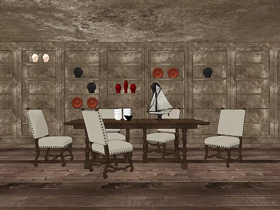 Rustic Dining Table Set With White Upholstered Chairs And Wall Decor On Wooden Floor 3d model