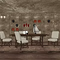 Rustic Dining Table Set With White Upholstered Chairs And Wall Decor On Wooden Floor
