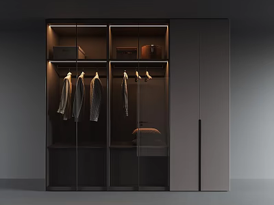 Modern Wardrobe With Glass Doors Interior Lighting Hanging Clothes And Storage Compartments 3d model
