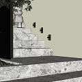 Modern Wall Lights Illuminating Marble Steps Entryway With White Sculpture And Green Plants