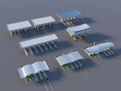 Modern Electric Vehicle Charging Stations With Various Roof Designs And Multiple Ports 3d model