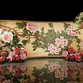 Traditional Art Installation Featuring Peony Flowers Scroll Background Decorative Fans And Red Ornaments