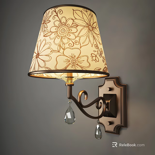 Elegant Bronze Wall Sconce with Floral Patterned Lampshade and Crystal Pendants 3d model 