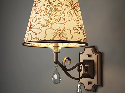 Elegant Bronze Wall Sconce with Floral Patterned Lampshade and Crystal Pendants 3d model