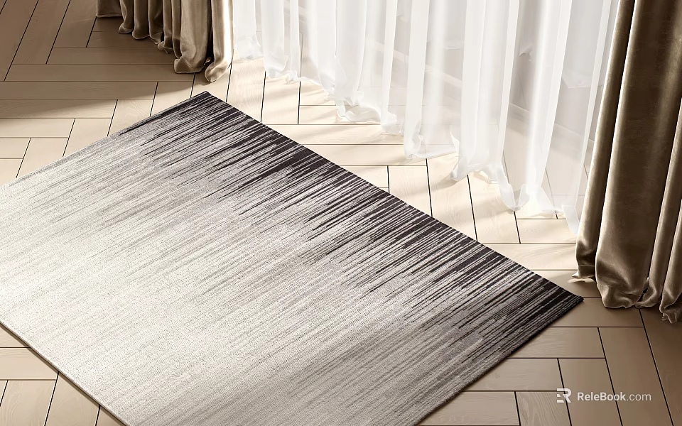 Modern Square Rug With Gray White Gradient Design On Beige Tile Floor Near Sheer Curtains 3d model 