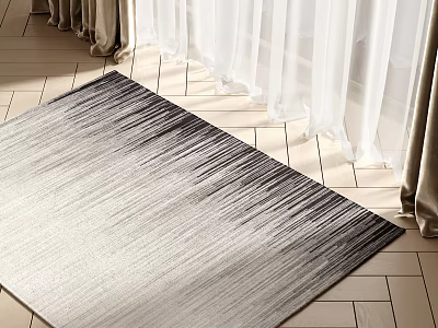 Modern Square Rug With Gray White Gradient Design On Beige Tile Floor Near Sheer Curtains 3d model