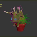 Cartoon Green Spiky Plant with White Spikes Big Eyes in Red Pot