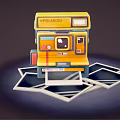 Retro Polaroid Digital Camera With Yellow Green Design And Stacked