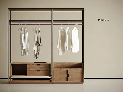 Modern Clothes Rack With Metal Frame Wooden Drawers And Hanging White Garments 3d model