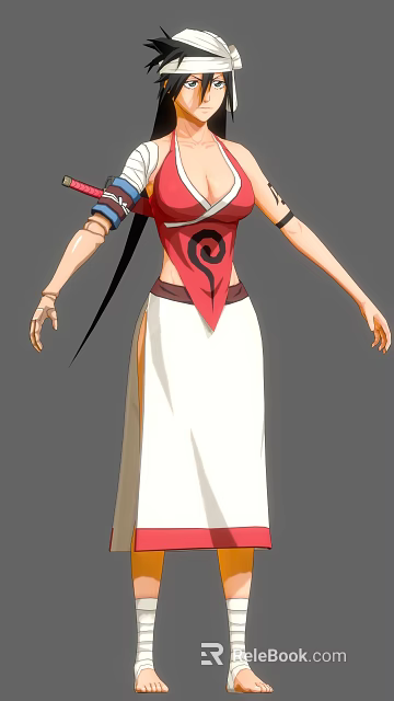 Game Anime Character With Red Top Black Spiral Pattern White Long Skirt And Arm Accessories 3d model 