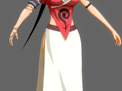 Game Anime Character With Red Top Black Spiral Pattern White Long Skirt And Arm Accessories 3d model