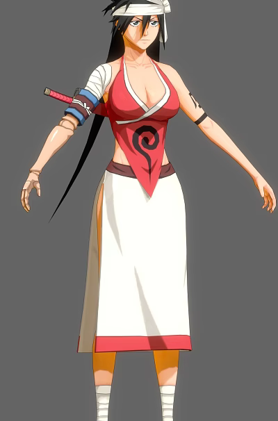 Game Anime Character With Red Top Black Spiral Pattern White Long Skirt And Arm Accessories 3d model
