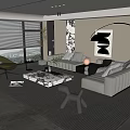 Modern Living Room Interior With Beige Sofas Green Accent Chair Arched Floor Lamp And Large Windows