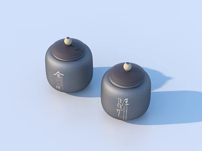 Two Gray Ceramic Storage Jars With Lids And Chinese Characters For Household Use 3d model