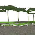 Garden Landscape With Giant Green Lotus Leaf Structures And White Benches Among Trees