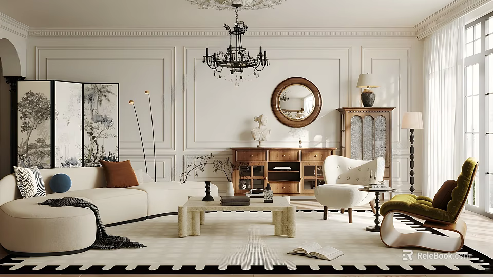 Elegant Living Room Interior Design With Chandelier Sofa Coffee Table And Round Mirror 3d model 