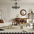 Elegant Living Room Interior Design With Chandelier Sofa Coffee Table And Round Mirror