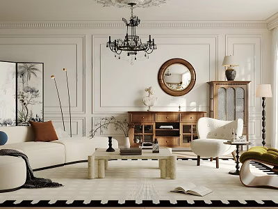 Elegant Living Room Interior Design With Chandelier Sofa Coffee Table And Round Mirror 3d model