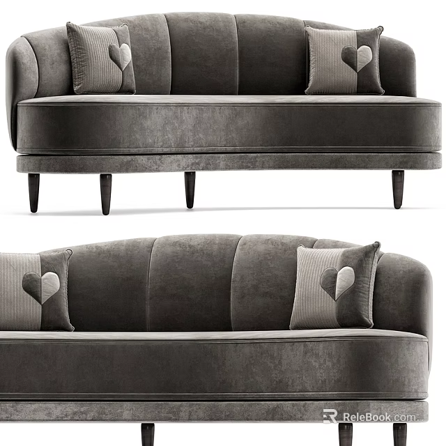 Gray Velvet Three Seater Sofa with Heart Pattern Pillows And Black Legs Design 3d model 