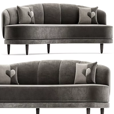 Gray Velvet Three Seater Sofa with Heart Pattern Pillows And Black Legs Design 3d model