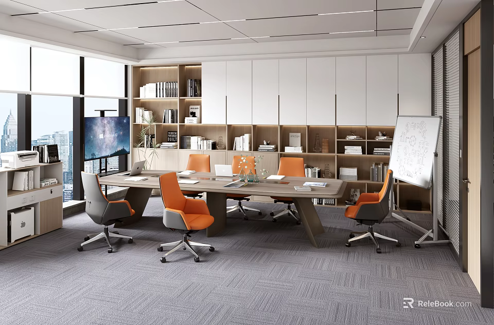 Modern Office Interior With Large Windows White Cabinets Conference Table And Orange Gray Chairs 3d model 