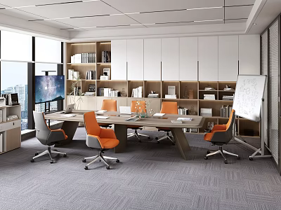 Modern Office Interior With Large Windows White Cabinets Conference Table And Orange Gray Chairs 3d model