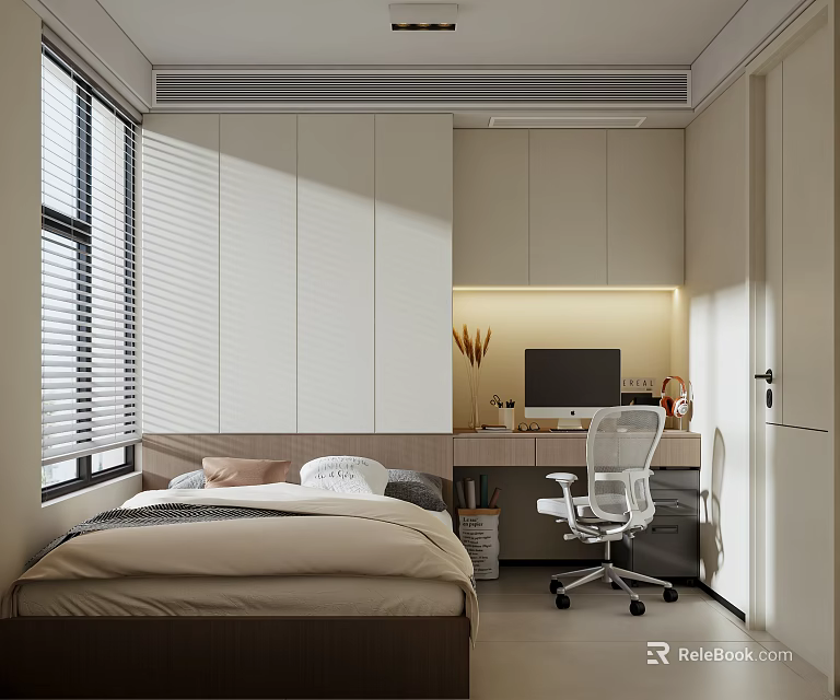 Modern Tatami Bedroom Interior Design With Tatami Bed Desk Chair Cabinet And Window Blinds 3d model 