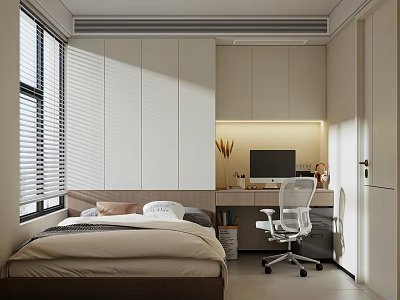 Modern Tatami Bedroom Interior Design With Tatami Bed Desk Chair Cabinet And Window Blinds 3d model