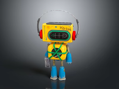 Yellow Robot Character Design With Headphones Digital Screen Green Straps And Blue Feet 3d model