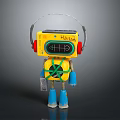 Yellow Robot Character Design With Headphones Digital Screen Green Straps And Blue Feet