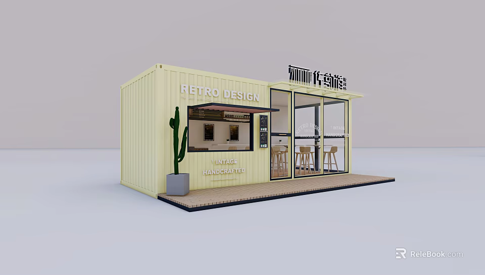 Retro Fresh Shop and Cafe Container Building with Glass Doors Outdoor Seating and Cactus 3d model 