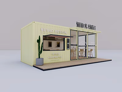 Retro Fresh Shop and Cafe Container Building with Glass Doors Outdoor Seating and Cactus 3d model