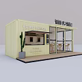 Retro Fresh Shop and Cafe Container Building with Glass Doors Outdoor Seating and Cactus